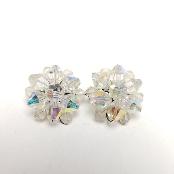 Vintage Sparkly Clear AB Beaded Cluster Clip On Earrings, Retro 60s Style - Picture 6 of 6